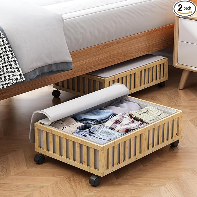 Bamboo Under Bed Storage Containers with Wheels, 2 Pack Under the Bed Shoe Storage Bins, Wood Rolling Underbed Drawers with B
