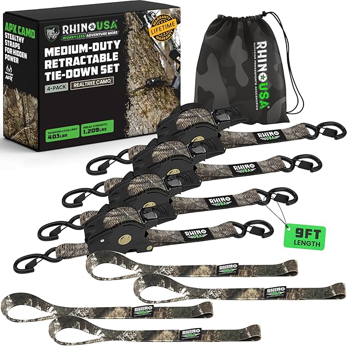 Rhino USA x Realtree Retractable Ratchet Straps (4PK) 1"x 9' (1,209lb Break Strength)- Heavy Duty Auto Self Retracting Tie Down Straps for Truck, Cargo Trailer, Motorcycle, ATV, UTV- Realtree APX Camo