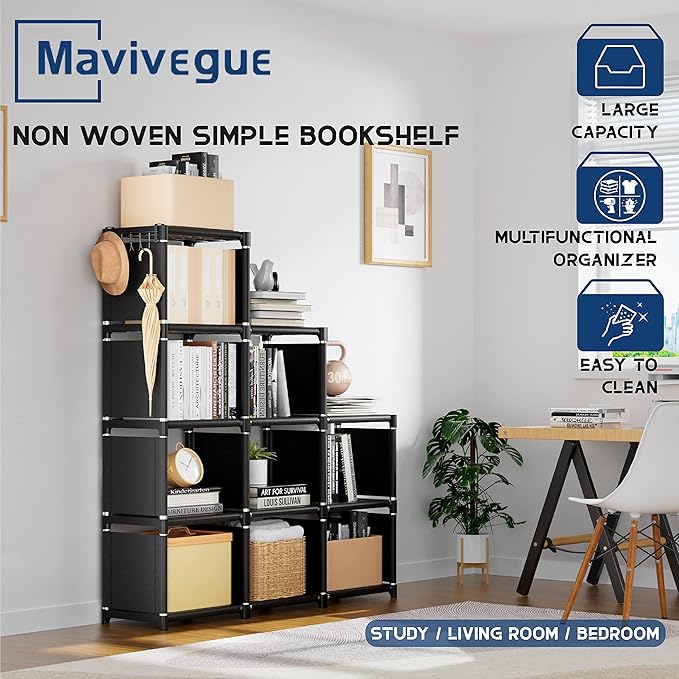 Mavivegue Book Shelf, 9 Cube Storage Organizer, DIY Bookcase, Metal Cube Bookshelf, Tall Book case for Bedroom, Living Room,O
