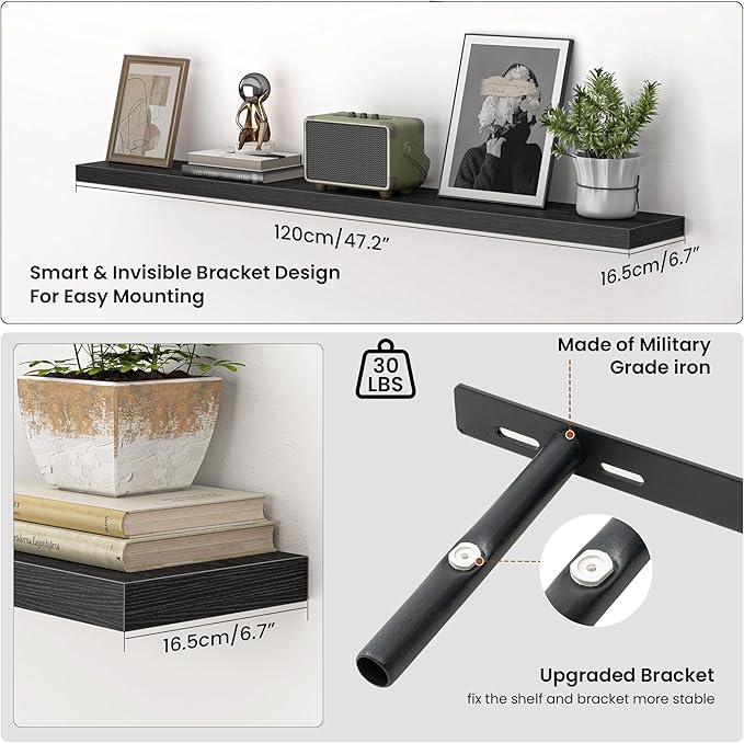Heimlove 48 Inch Floating Shelves for Wall,Extra Long Wood Shelves Mounted Storage Hanging Shelf Invisible Bracket for Bedroo