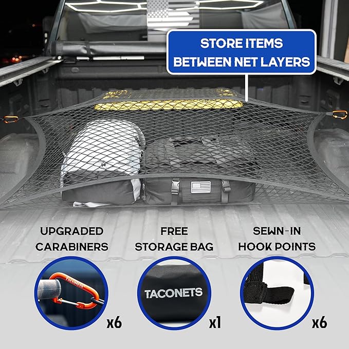 Upgraded Highly Elastic Cargo Net, USA Company, Simple Truck Bed Cargo Mesh Organizer, Suitable for Light Loads, Heavy Duty Carabiners, 4'x4' Double Layer