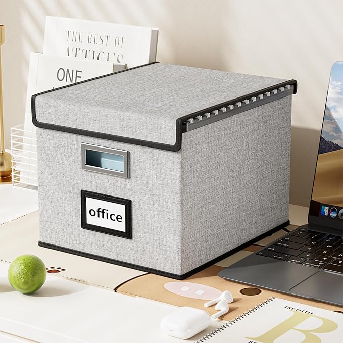 Huolewa File Organizer Box with Lid, Collapsible File Folder Organizer for Office Document Storage, Filing Box with Plastic S