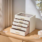 pickpiff Jewelry Box Organizer Case for Women: 5-Layer Jewelry Storage Case with Glass Window, Ivory Leather with Pink Velvet
