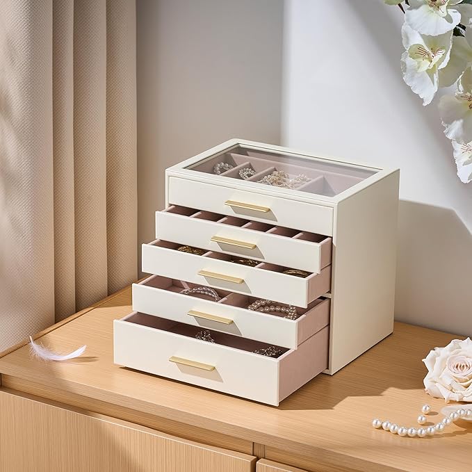 pickpiff Jewelry Box Organizer Case for Women: 5-Layer Jewelry Storage Case with Glass Window, Ivory Leather with Pink Velvet