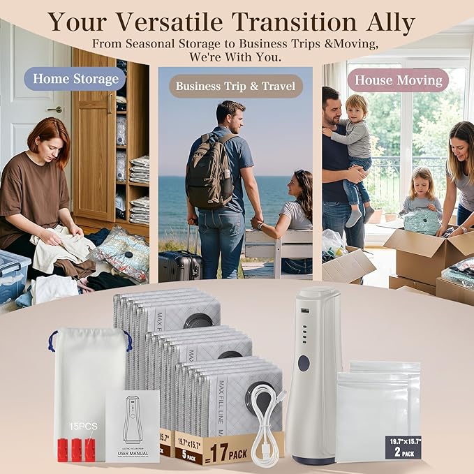 QcoQce Vacuum Storage Bags with Rechargeable Electric Pump, Space Saver Bags for Travel, Vacuum Seal Bags for Clothing, Beddi