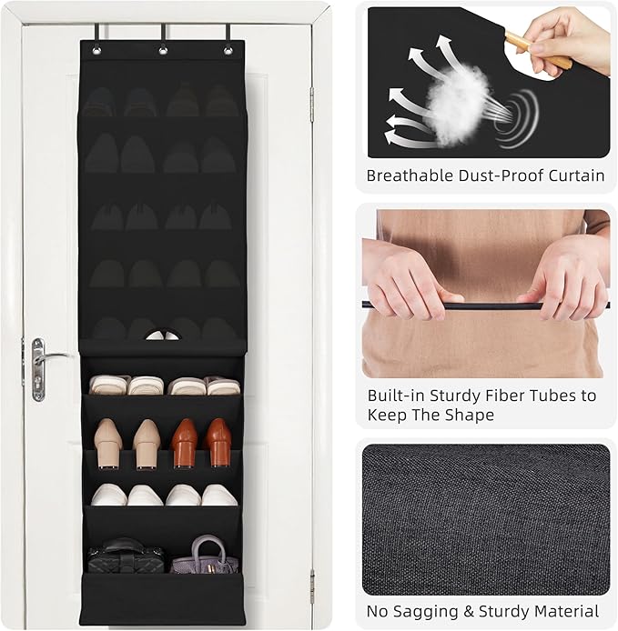 STORAGE MANIAC Over the Door Shoe Organizer with Curtain Dustproof Heavy-Duty Large Deep Pocket Hanging Shoe Organizer for Cl