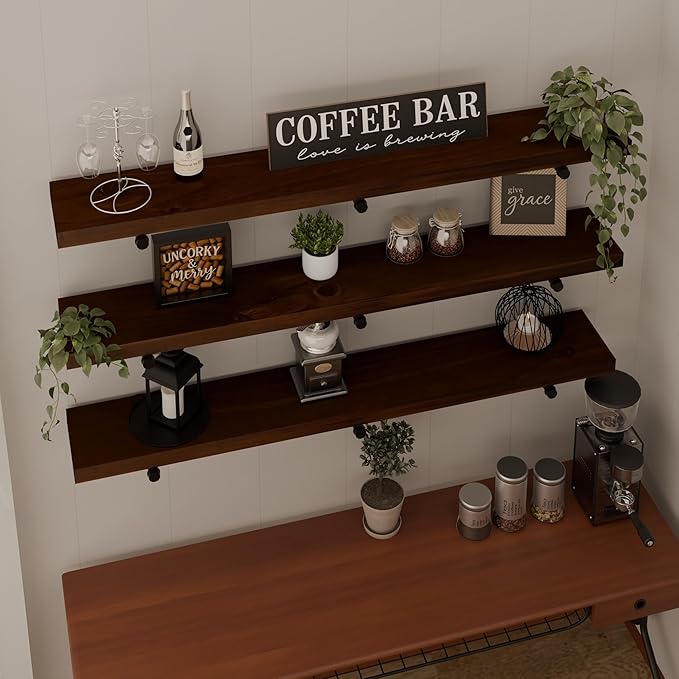 Industrial Pipe Wall Wood Shelves,Real Wooden Shelves 55" in Walnut Color with 1.2" Extra Thick, Modern Floating Shevles Book