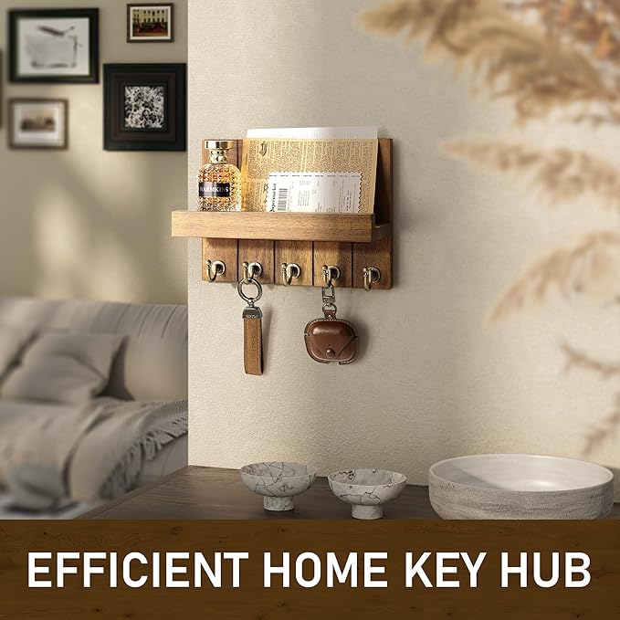 Rebee Vision Acacia Wood Key Holder Wall Mount – Farmhouse Key Holder for Wall & Mail Organizer with Shelf for Home Decor – I