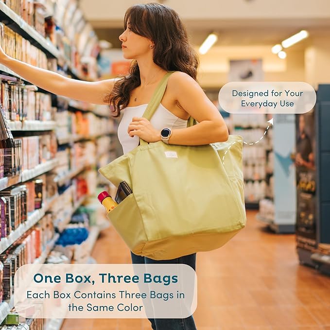 Nook Theory 3-Pack Reusable Grocery Bags - Heavy Duty, Large 12 Oz Cotton Canvas Reusable Shopping Bags With Pockets, 100% Cotton Cloth Grocery Totes, Foldable Multi Compartment (Deepblue)