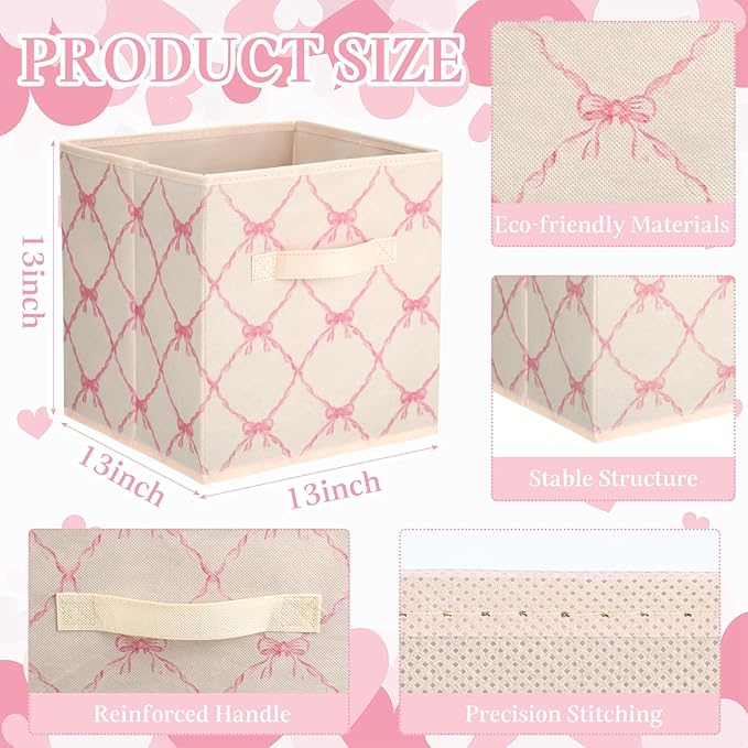 Geelin 6 Pcs Beige Bow Cube Storage Bins 13 Inch Storage Basket with Handle, Girls Organizer Basket, Collapsible Fabric Box f