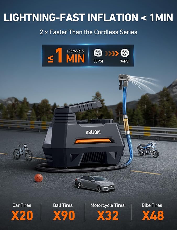 AstroAI Tire Inflator Portable Air Compressor Air Pump for Car Tires-Car Accessories, 9.8Ft Cord-12V DC-Powered Auto Pump with Digital Pressure Gauge, Emergency LED Light for Bicycle, Balloons, Orange