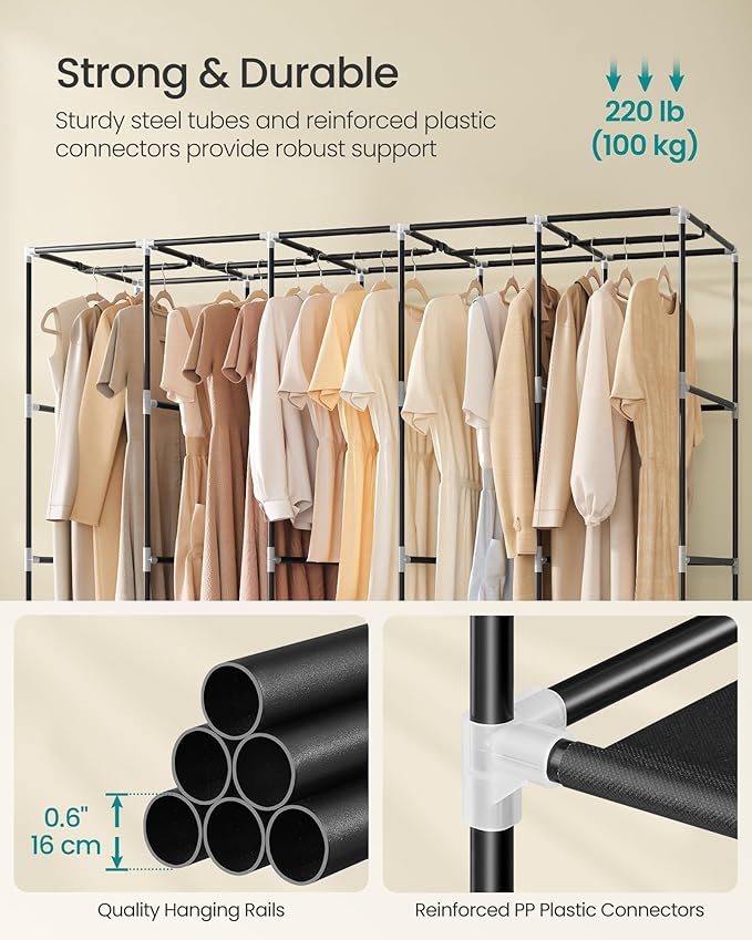 SONGMICS Portable Closet, Wardrobe Closet Organizer with Cover, 5 Hanging Rods and Shelves, 4 Side Pockets, 17.7 x 83 x 65.7 