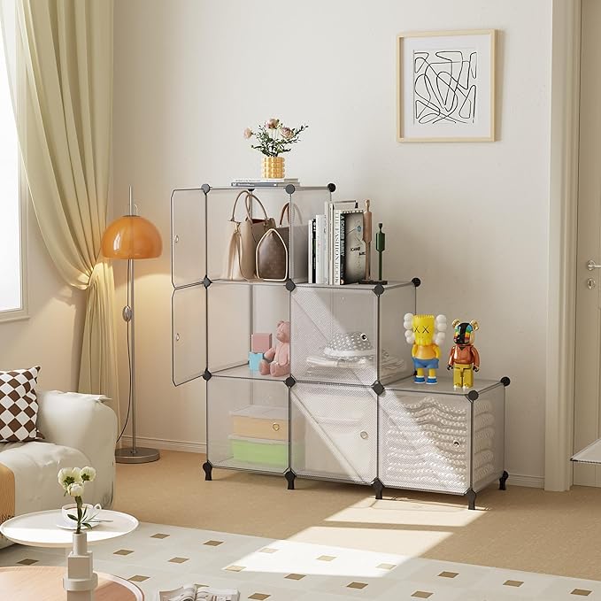 Cube Storage Organizer, 6-Cube Shelves Unit with Doors, DIY Stackable Plastic Clothes Organizer for Bedroom and Under Stairs 