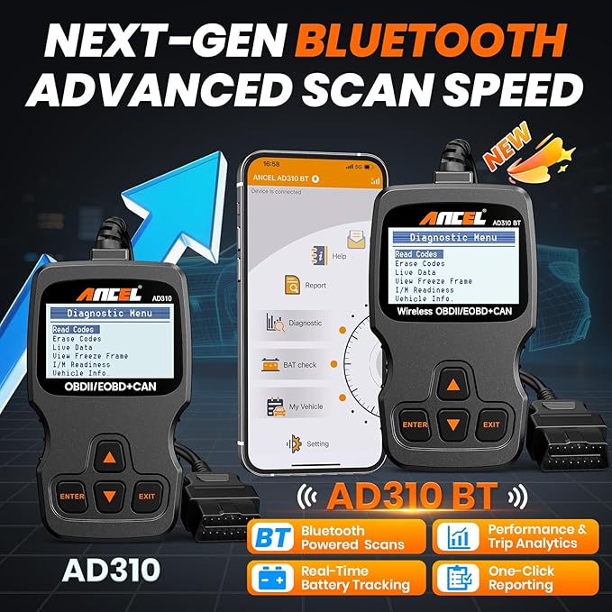 (Upgraded AD310) ANCEL AD310BT OBD2 Scanner Bluetooth - Check Engine Code Reader, Escaner Automotriz with Premium App On iOS