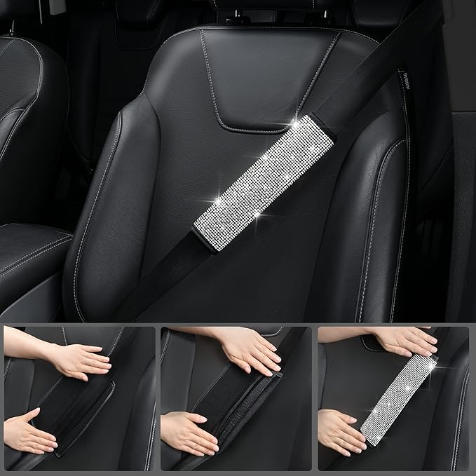 CAR PASS 23 PCS Bling Diamond Car Accessories Set for Women, Leather Seat Covers Full Set Sparkly Rhinestone15'' Steering Wheel Covers Shining Car Floor Mats Cute Aotumotive Interior Sets, Silver