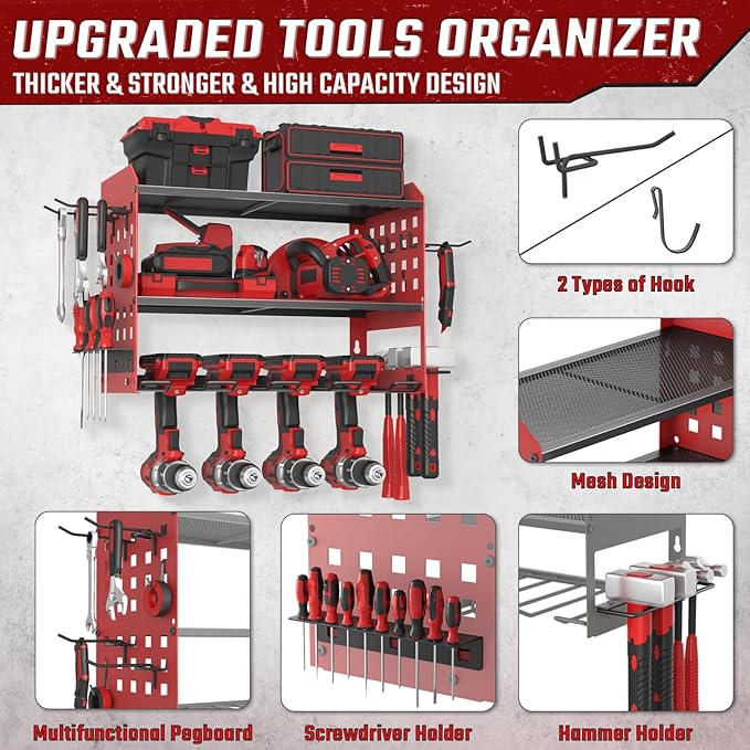 SUNALLY Power Tool Organizer, Heavy Duty Wall Mount Tool Organizer 3 Layers with 4 Drill Holders, Garage Tools Storage Rack w