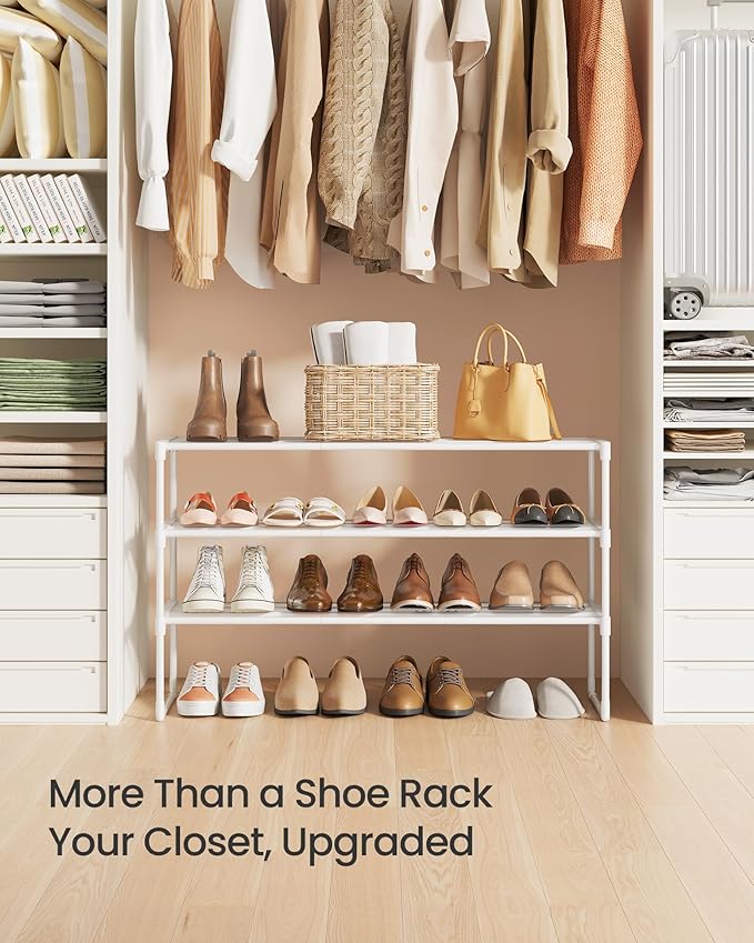 SONGMICS Shoe Rack, 3-Tier Shoe Organizer, Metal Storage Shelf, Upright or Upside Down, for 16-20 Pairs, Stackable, for Entry