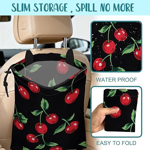 Car Garbage Bag Bright Red Cherries Hanging Canvas Car Trash Bag Drawstring Car Back Seat Organizer for Car Back Front Seat Console with Adjustable Buckle