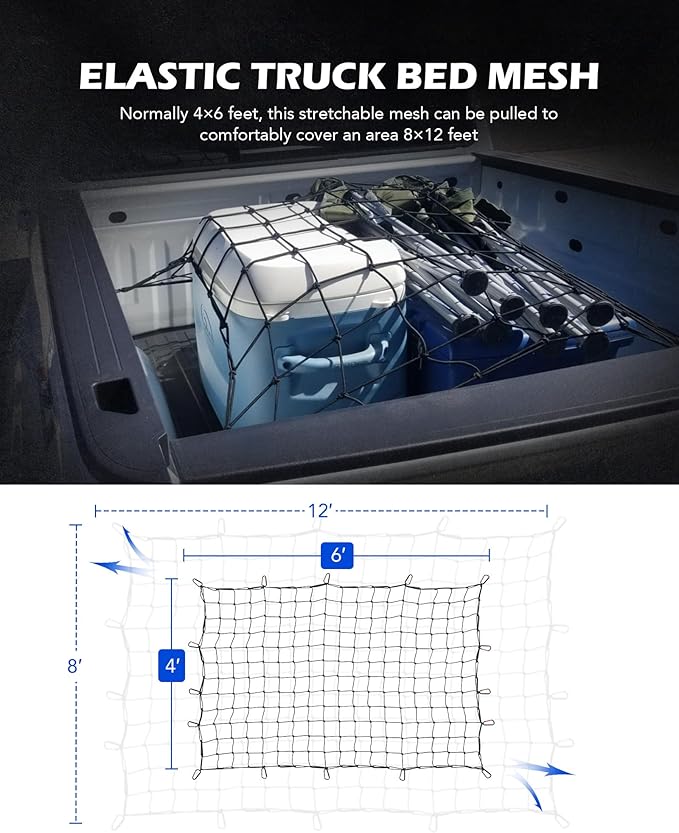 Orion Motor Tech Cargo Net for Pickup Truck Bed, 4'x6' Stretches to 8'x12' Cargo Roof Rack Netting Compatible with Ford Ram GMC Toyota Chevrolet, Bungee Net Mesh with Handmade Knots 16 Carabiners