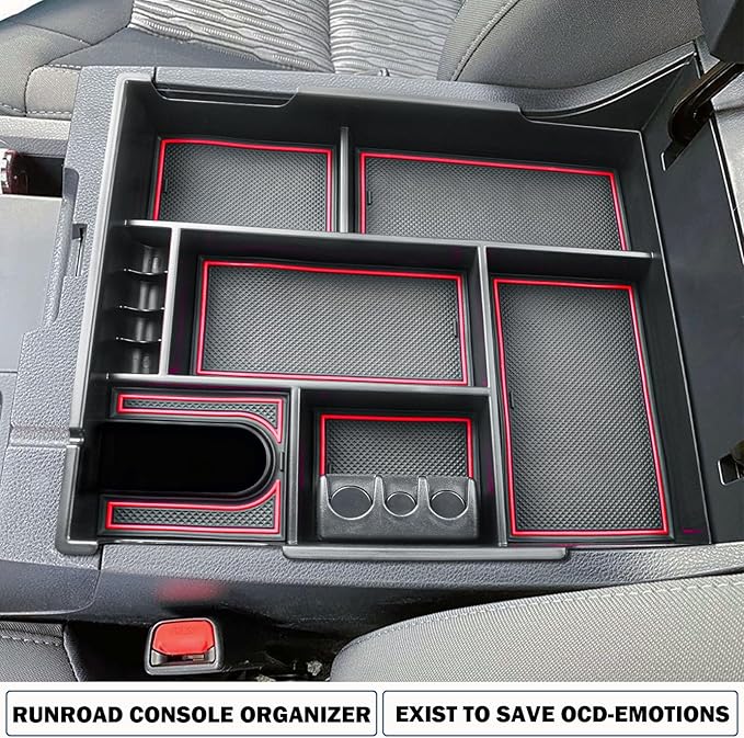RUNROAD Center Console Organizer Full Cover Tray Compatible with Toyota Tundra 2014-2020 2021 Accessories, ABS Coin Holder Secondary Storage Box Insert Armrest Console Tray, Red