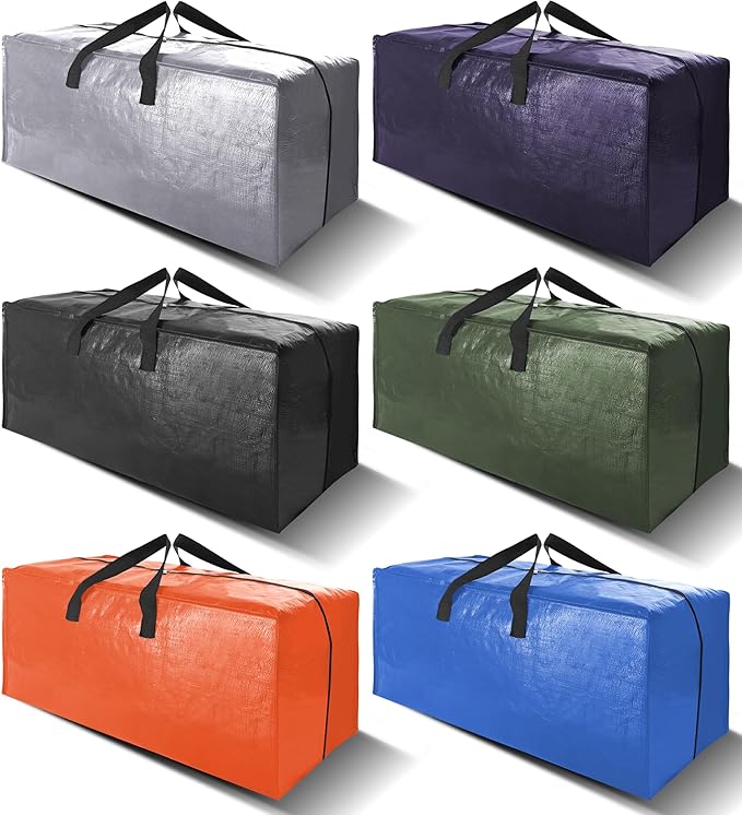 6 Pack Heavy Duty Extra Large Moving Bags W/Backpack Straps - Strong Handles & Zippers, Storage Totes For Space Saving, Fold 