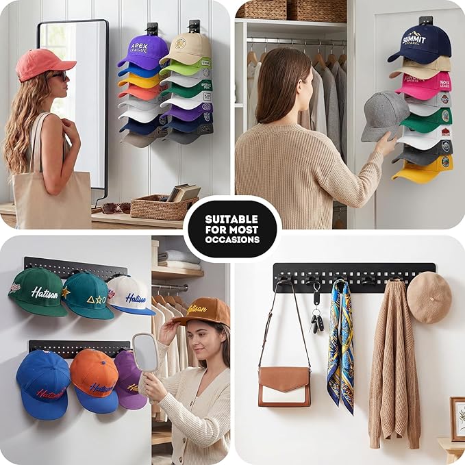 4 Pack Hat Organizer for Baseball Caps, Detachable DIY Hat Rack for Wall Hat Holder Hold up to 44 Hats, Baseball Cap Organize