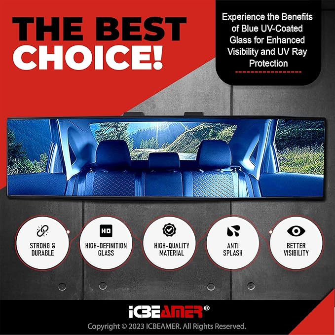 11.8" ICBEAMER Clip On Rear View Mirror | Convex Blue Tint Glass, Panoramic Wide Angle HD Glass, Anti Glare, Universal Fit for Car, SUV, Truck | Eliminates Blind Spots (1 Pack)