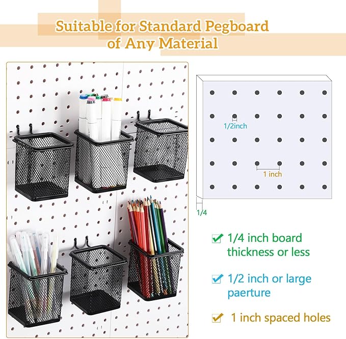 Colingmill 6 Sets Pegboard Cups with Hooks Pegboard Pencil Holder Bin Organizer Black Square Peg Board Accessories Metal Penc