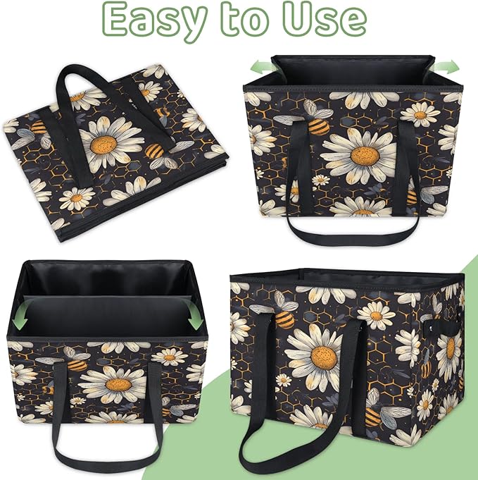 Reusable Grocery Bags Heavy Duty Shopping Bags Foldable Large Tote Bags with Long Handles & Hard Bottom