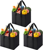 VENO 3 Pack Reusable Grocery Bags, Shopping Bags for groceries, Utility Tote with Handles and Hard Bottom, Foldable Shopping Cart Organizer, Multi-Purpose, Heavy-Duty (Black, 6 Gallon-3 Pack)