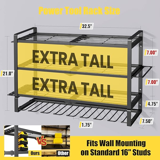 MOOMSINE Large Power Tool Organizer Wall Mount, 4-Tier Heavy Duty Metal Storage Rack Loads 400lbs, Battery Tools Hanger with 