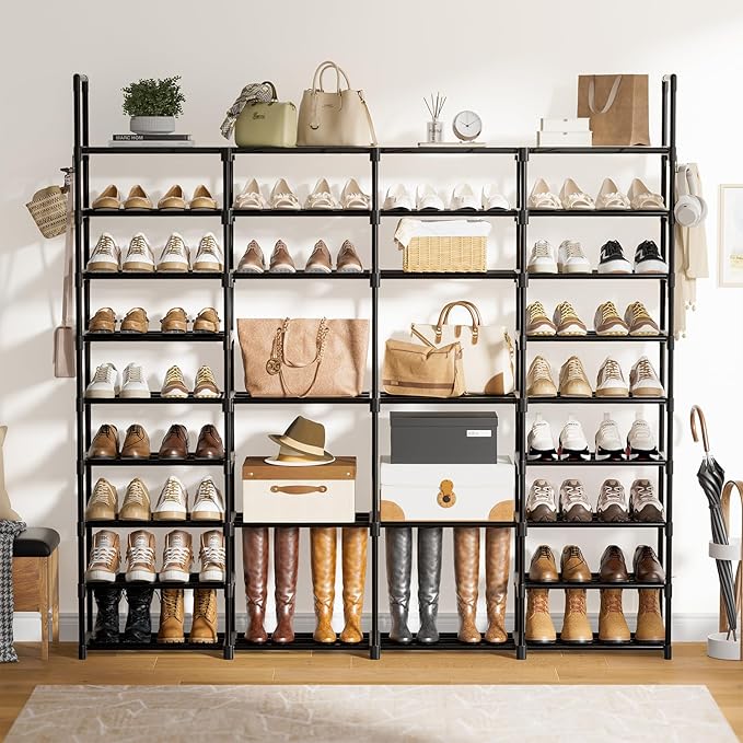 WOWLIVE 4 Row 9 Tiers Extra Large Shoe Rack 68-72 Pairs Big Tall Metal Shoe Shelf, Heavy Duty Organizer for Closet Entryway, 