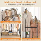 Laiensia Double Rods Garment Rack with Wheels, Clothing Rack for Hanging Clothes,4 Hooks, Multi-functional Bedroom Clothes Ra