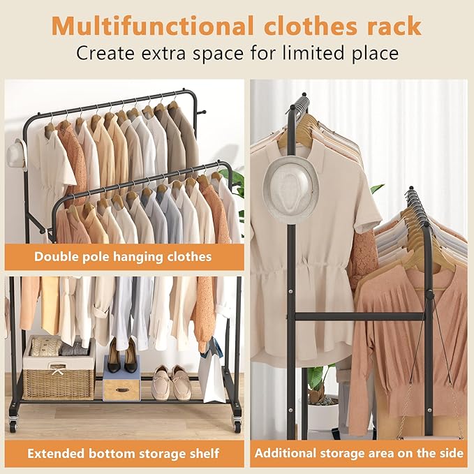 Laiensia Double Rods Garment Rack with Wheels, Clothing Rack for Hanging Clothes,4 Hooks, Multi-functional Bedroom Clothes Ra