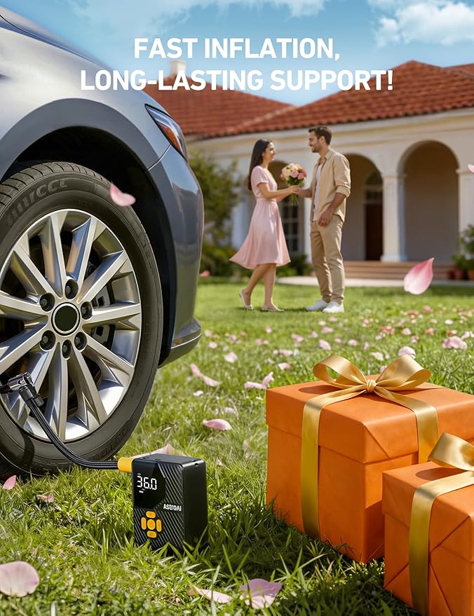 AstroAI L7 Mini Tire Inflator Portable Air Compressor,150 PSI Cordless Car Tires Air Pump with LED Lights&Pressure Gauge,Auto Shut-Off - Tire Pump for Auto,Motorcycle, Bicycle, Ball Yellow