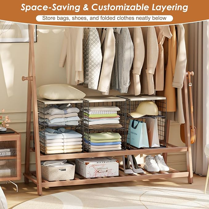 6-Tier Stackable Closet Organizers and Storage Basket, Set of 3 Closet Shelf Organizer with Adjustable Divider & Wood Top Boa