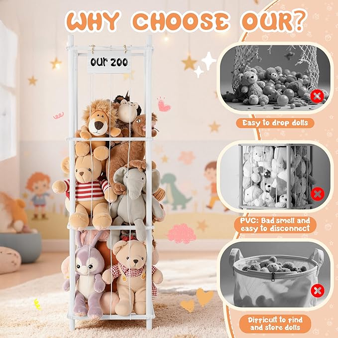 LAMU Stuffed Animal Storage, Wooden Zoo Stuffed Animal Holder with Elastic Cords, Space Save Toy Organizer, Extra Large Capac