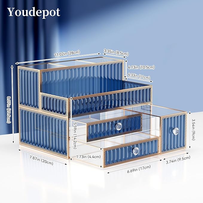Makeup Organizer Blue - Tempered Glass Vanity Organizer for Cosmetics, Skincare, Hair Tools, Brushes, Perfume - Multipurpose 