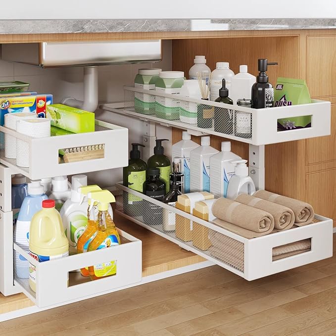 2 Packs 21IN Depth Under Sink Organizer, 2-Tier Pull Out Cabinet Organizer With Smooth Circular Rail, Large Capacity Metal Me