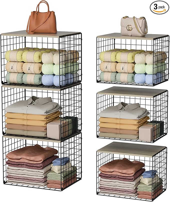 Extra-Long Closet Organizers and Storage with Top Board, 3 Pack Stackable Closet Shelf Organizer, Double Storage Design Cloth