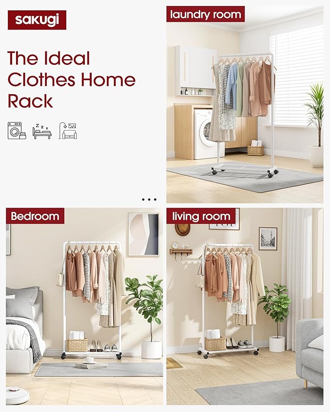 Sakugi Clothes Rack - Clothing Rack with Storage Mesh Shelf & Casters, Heavy-Duty Metal Clothing Rack for Hanging Clothes, Dr