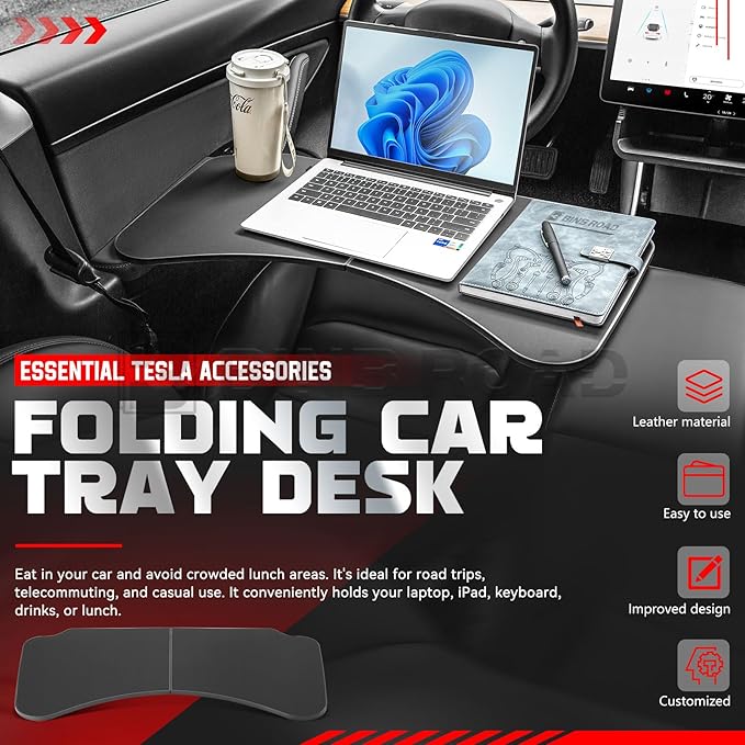 Car Folding Tray Table Leather Compatible with Tesla Model 3 Y – Multi-Use Dining Tray & Laptop Stand, Fits Front Driver & Passenger Seats,Black