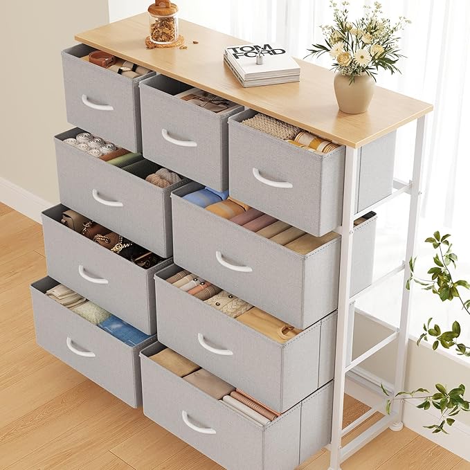 DUMOS 9 Drawer Dresser for Bedroom, Fabric Storage Organizer with Sturdy Metal Frame, Wooden Top Chest of Drawers for Closet 