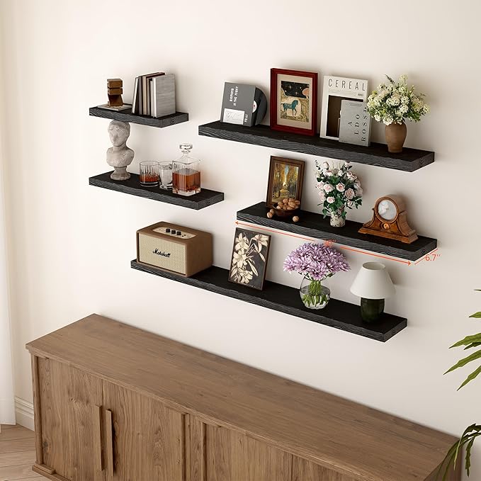 BGMG Wood Floating Shelves for Wall 30 inch Set of 2,Black Floating Shelves,Solid Wood Wall Mount Shelves for Bathroom Living