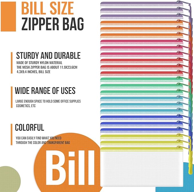 24pcs Mesh Zipper Pouch Bags 9.3 x 4.7 Inches, 8 Color Small Clear Pouches Bulk, Travel Cosmetics Organization, Classroom and