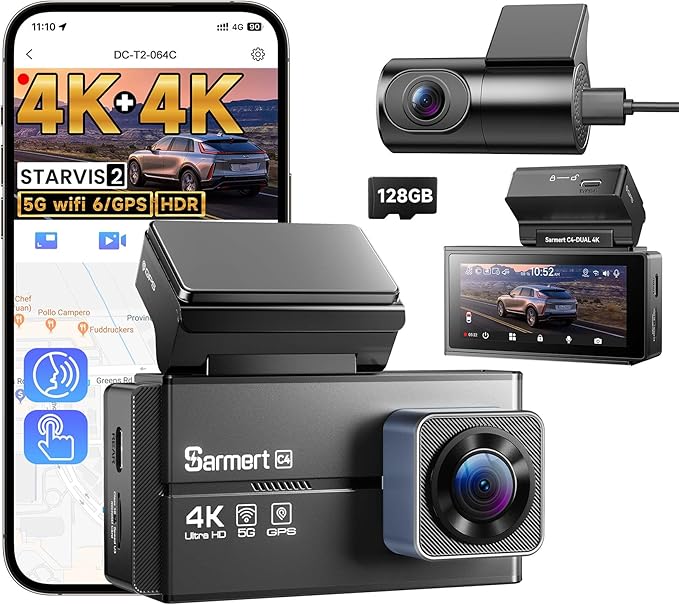 Dash Cam Front and Rear - Sarmert C4 Dual 4K Built-in GPS and 5G WiFi, Free 128GB Card Included, HDR Night Vision, WDR, 4K UH