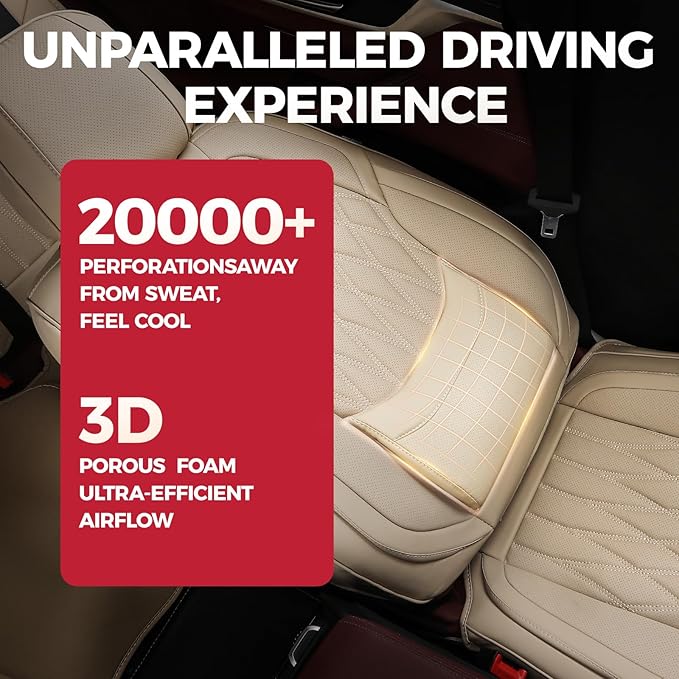 FREESOO Beige Car Seat Cover Full Set - Faux Nappa Leather Seat Covers for Cars, Ultra Breathable Waterproof Front Seats Cush