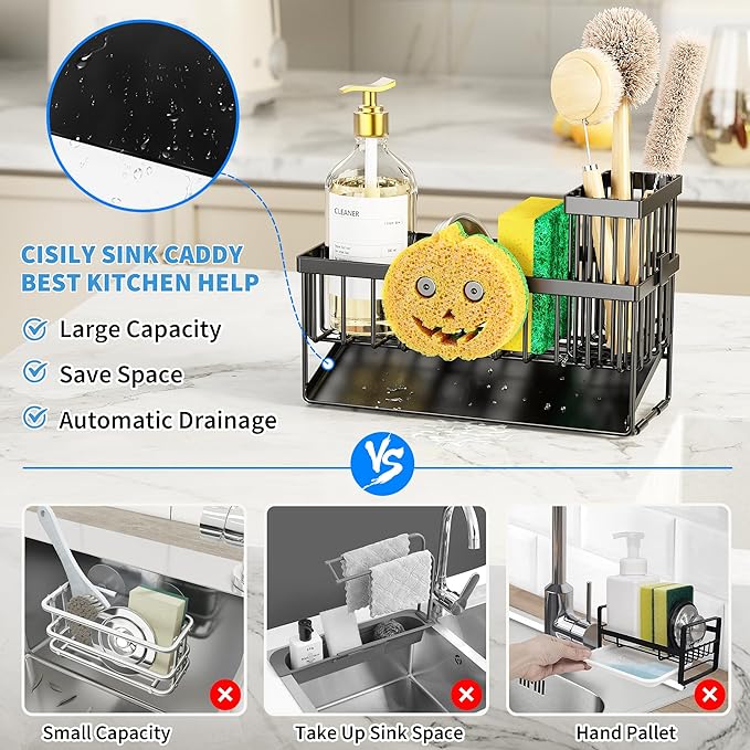 Cisily Kitchen Sink Caddy Organzier with High Brush Holder, Sponge Holder for Sink, 304 Rustproof Stainless, Kitchen Countert