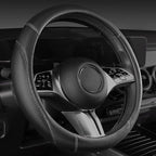 CAR PASS Microfiber Leather Steering Wheel Cover and Waterproof Car Floor Mats,Universal Car Combo Fit for 95% Sedan,SUV,Cars,14.5-15inch Anti-Slip Safety Comfortable Faux Leather Design(Solid Black)