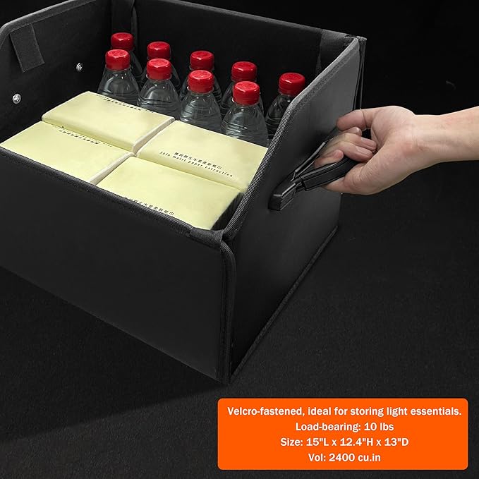Trunk Organizer,car organizers and storage,black Leather Storage Box with lid,Fiberboard,Collapsible,15''L x 13''W x 12.4''H,2K